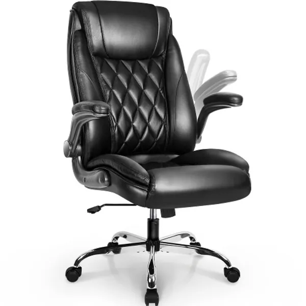 NEO CHAIR Office Chair Computer High Back Adjustable Flip-up Armrests Ergonomic Desk Chair Executive Diamond-Stitched PU Leather Swivel Task Chair with Armrests Lumbar Support (Black) - Black
