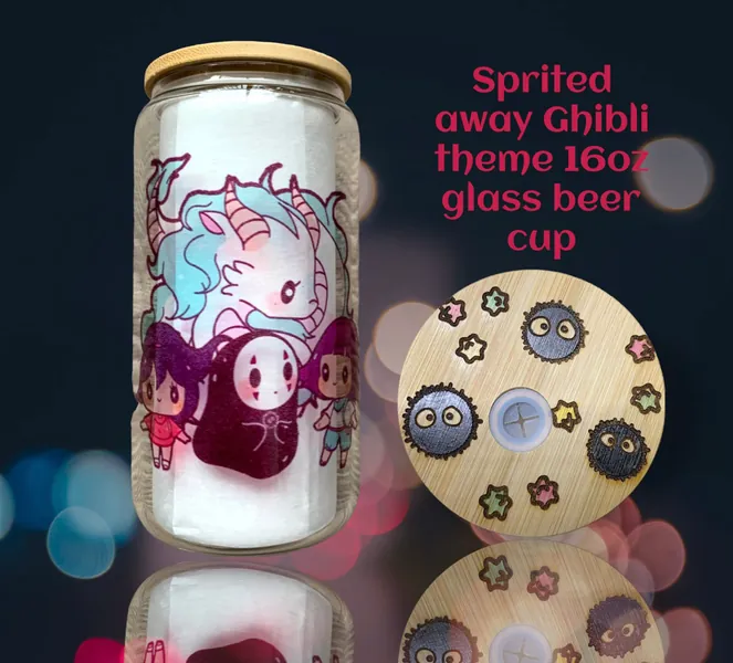 Cute kawaii Spirited away theme 16oz beer glass can with bamboo top. Featuring No face, Haku, Chihiro, soots and sprites.
