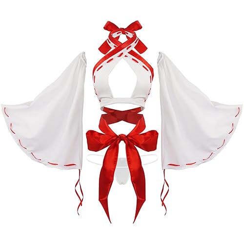 paloli Women Japanese Anime Miko Cosplay Outfit, Red And White Kimono Bra And Panty Set Witch Cosplay Costume