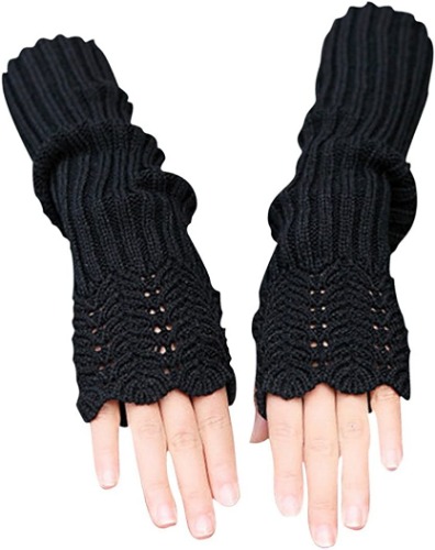 Novawo Women's Scale Design Winter Warm Knitted Long Arm Warmers Gloves Mittens - Black