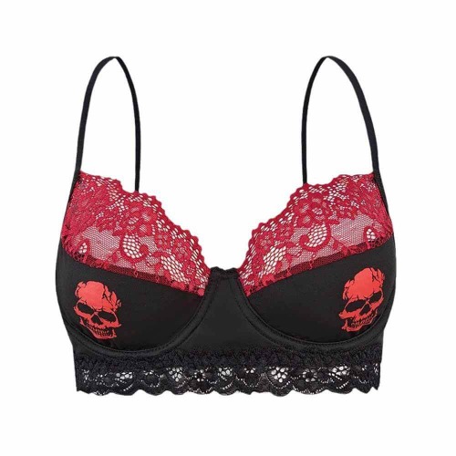 Sexy Skull Print Lace Trim Ultra-Thin Bra Underwear - Black / L (Bust 74-92cm)