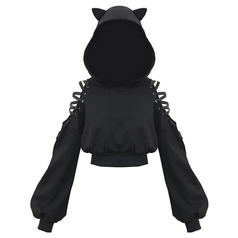 Punk Cat Ear Off Tie up Hoodie - Polyester / 5XL (Bust 136 cm)