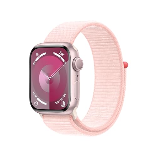Apple Watch Series 9 [GPS 41mm] Smartwatch with Pink Aluminum Case with Light Pink Sport Loop One Size. Fitness Tracker, Blood Oxygen & ECG Apps, Always-On Retina Display, Water Resistant - Sport Loop - 41mm case - Pink/Light Pink - Sport Loop One Size - fits 130-200mm wrists