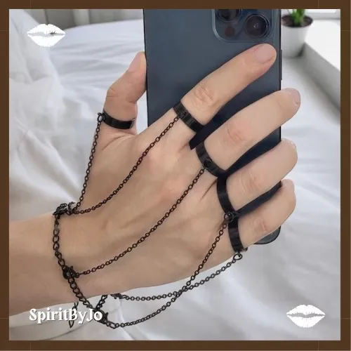 Goth Black Punk Chain Bracelet Ring Charm Set for Men