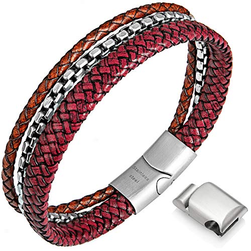 Speroto Mens Bracelets,Leather and Steel Bracelets, Chain Bracelets with Clasp,Steel Bracelets for Men - Red-silver - 7.0"
