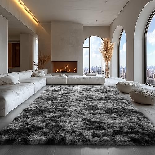 Zentavio Dark Grey Large Area Rug for Living Room Bedroom 9x12 Soft Fluffy Fuzzy Furry Shaggy Aesthetic Carpet Plush High Pile Floor Throw Rug for Nursery Kids Room Dorm Room - Tie-dyed Black Grey - 9' x 12'
