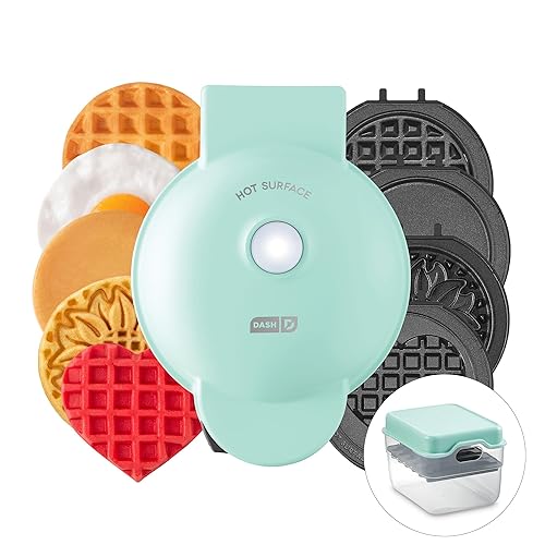 DASH Multimaker Mini System - Waffle Maker with Six 4” Removable Plates & Storage Case: Waffle Iron & Griddle, 4-in-1 Mini Waffle Maker for Kids and Families – Nonstick Surface, Just Add Batter (Aqua) - 6 Plates and Storage Case - Aqua