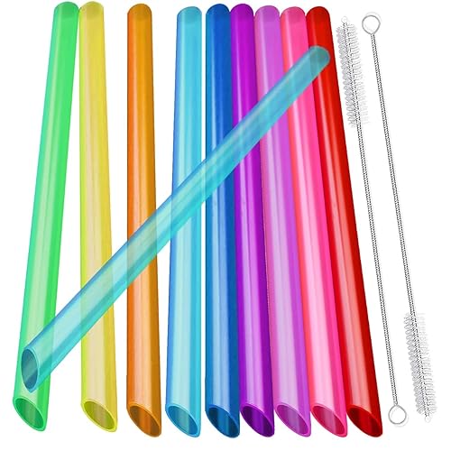 10 wiederverwendbare Boba-Smoothie-Strohhalme mit 2 Bürsten, 12 mm, mehrfarbige, BPA-freie Kunststoff-Strohhalme für Bubble Tea (Topioka, Perlen), Milchshakes, Säfte mit spitzen Spitzen.