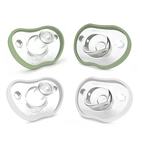 Nanobebe Baby Pacifiers 0-3 Month - Orthodontic, Curves Comfortably with Face Contour, Award Winning for Breastfeeding Babies, 100% Silicone - BPA Free. Baby Registry Gift 4pk, Sage/White - 4 Count (Pack of 1) - 0-3 Sage/White