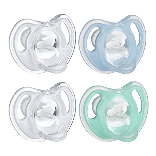 Tommee Tippee Ultra-Light Silicone Pacifier, Symmetrical One-Piece Design, BPA-Free Silicone Binkies, 0-6m, 4-Count - 0-6 Months - Light Blue & Light Green