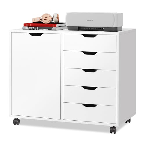 DEVAISE 5-Drawer Wood Dresser Chest with Door, Mobile Storage Cabinet, Printer Stand for Home Office - White - 15.75"D x 30.71"W x 25.43"H