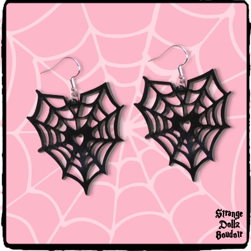 Spiderweb Heart earrings, 925 sterling silver earrings, Halloween gothic jewellery, Strange Dollz Boudoir