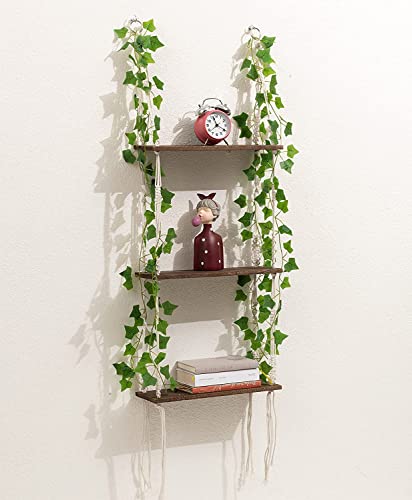 WOOD MEETS COLOR 3 Tier Macrame Wall Hanging Shelves with Artificial Ivy Leaves,Boho Room Decor Handmade Cotton Rope,Wooden Hanging Storage Floating Shelves for Small Plants,Living Room Bedroom - 3 tiers
