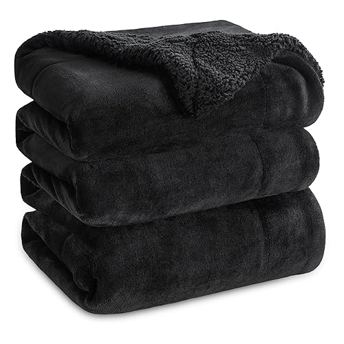 Bedsure Sherpa Fleece Blankets Queen Size for Bed - Thick and Warm, Soft Fuzzy Plush Queen Blanket for Winter, Black, 90x90 Inches - 02 - Black - Queen (90" x 90")