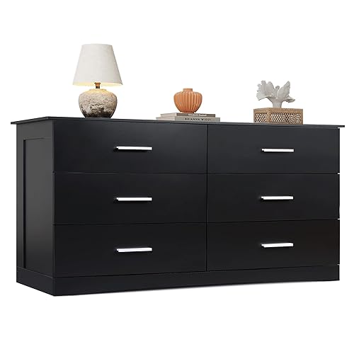 WLIVE Wood Dresser for Bedroom, Wide Chest of Drawers with 6 Drawer, Oak Furniture Large Storage Tower Unit, Closet Store Organizer for Living Room, Hallway, Long Nightstand, Modern Minimalist Black - Black