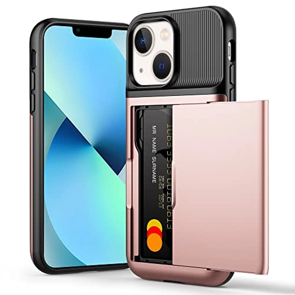 Aolcev for iPhone 13 Case with Card Holder Slot iPhone 13 Wallet Case Anti-Scratch Hard PC Back Soft TPU Bumper Shockproof Case Heavy Duty Protective Phone Case Cover for iPhone 13 6.1 inch-Rose Gold