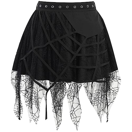 Women's Gothic Punk Skirt Halloween Costume Aesthetic Spider-Web Tassel Mini Skirts Dark Style High Waist Pleated Skirt - Black - Small