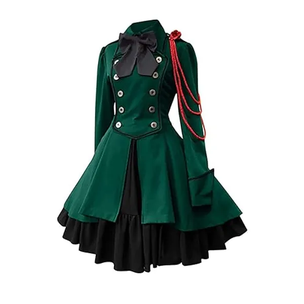 Gothic Steampunk Dress for Women Double Breasted Victorian Blazer Coat Jacket Tiered Ruffle Skirts Cosplay Costumes - Medium - Green