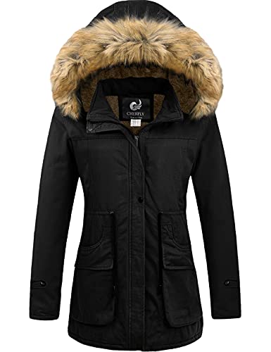 CHERFLY Women's Winter Coats Hooded Puffer Jackets Fleece Lined Parka with Fur Trim - Medium - Black