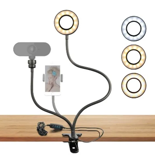 Webcam Ring Light Stand for Live Stream Selfie Ring Fill Light with Webcam Mount or Phone Holder, 3-Light Modes 10 Levels Brightness Adjustment Use in YouTube, Online Chat, Facebook