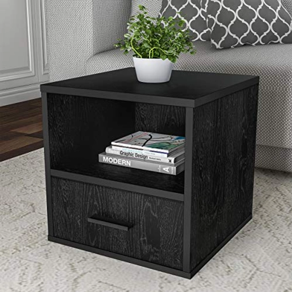Lavish Home End Stackable Contemporary Minimalist Modular Cube Accent Table with Drawer for Bedroom, Living Room or Office (Black),