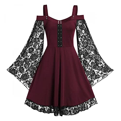 Gothic Vintage Lace Patchwork Women Dress Plus Size Goth Bandage Ladies Spaghetti Strap Dresses - X-Large - Burgundy