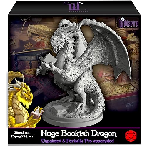 Wildspire Fantasy Bookish Dragon Miniature - Huge Size 6" for DND Miniatures 28mm Bulk D&D Dungeons and Dragons Miniatures I for DND Minis Tabletop Miniatures & DND Figures I with Character Sheets - Bookish Dragon Edition