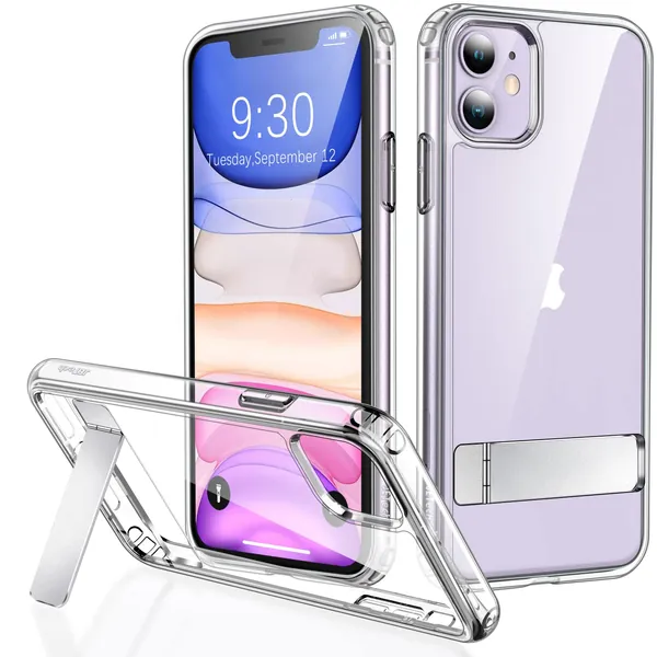 JETech Case for iPhone 11 6.1-Inch with Stand, Support Wireless Charging, Slim Shockproof Bumper Phone Cover, 3-Way Metal Kickstand (Clear)