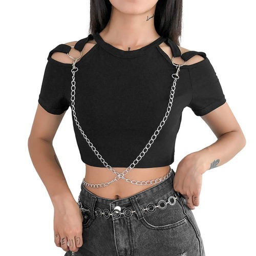 Women Punk Gothic T-Shirt Chains Harajuku Black Crop Top - Small Black
