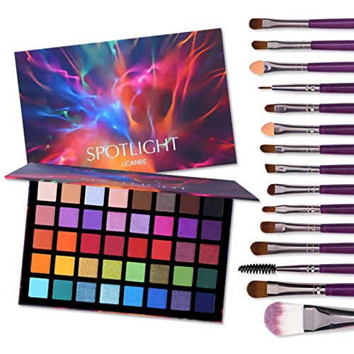 UCANBE Spotlight Eyeshadow Palette + 15 PCS Eye Brushes Makeup Set, Professional 40 Color Matte Shimmer Glitter Eye Shadow Pallet Highly Pigmented Waterproof Long Lasting Make up Pallete - Palette A + Brushes