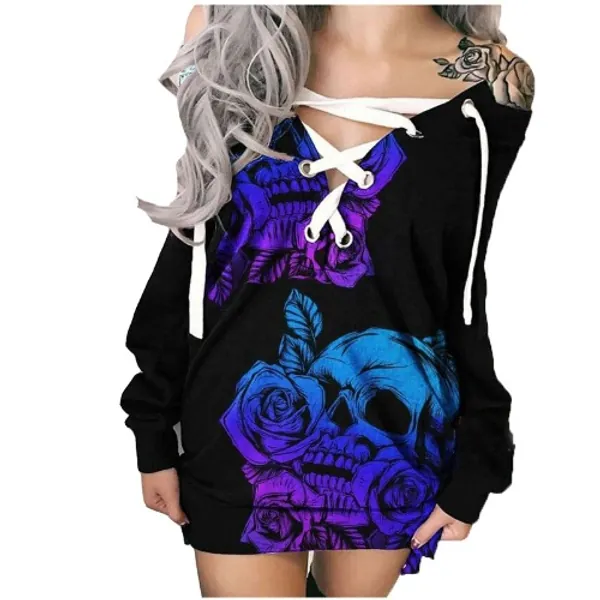 YSLMNOR Off The Shoulder Tops for Women Sexy Fall Casual Dress Skull Printed Long Sleeve Dresses Halloween Costumes - Z3-blue Small