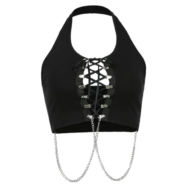 FlyCC Women Sexy Choker Buckle Halter Neck Crop Tube Top Rave Dance Cami Bandeau Tops - Black E Small