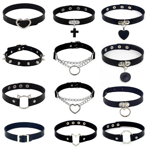 MJartoria Gothic Jewelry-Goth PU Leather Choker Necklaces for Women-Heart Punk Rock Adjustable Black Collar Choker Necklaces Birthday Gifts - F-12pcs-black-choker set