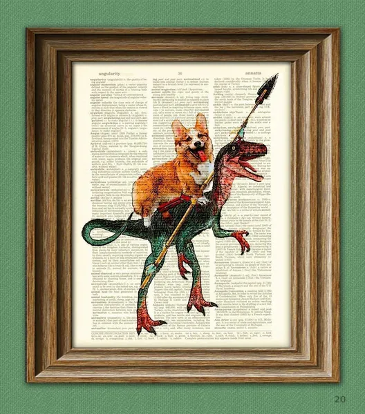 Cavedog the Corgi Rides a Velociraptor Dinosaur Dog Original Art Vintage Dictionary Page Book Art Print