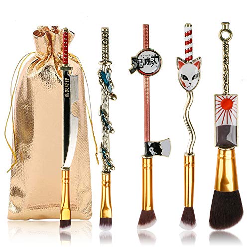Pennelli Make Up Manico Metallo Demon Slayer Collezione Anime per Fondotinta Blush Ombretto Viso Correttore Eyeliner Contour Powder Liquid Eye, Regalo per ragazze Donne, 5 pezzi, oro - Oro - 5 Unità (Confezione da 1)