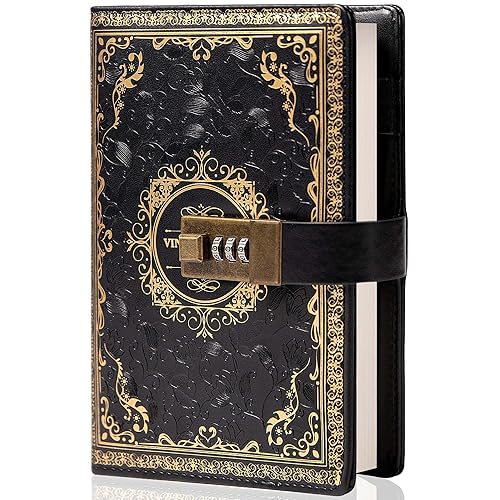 Diario vintage in pelle con lucchetto a combinazione, formato B6, con motivo floreale in rilievo, a righe, per scrivere, regalo per donne, ragazze e bambini (nero) - nero