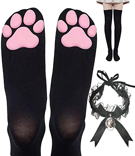 Forssils Cat Paw Thigh High Socks, Cute Soft 3D Kitten Paw Pad Claw Toe Beans Stockings Choker with Bell for Women Cosplay - Medium - Black