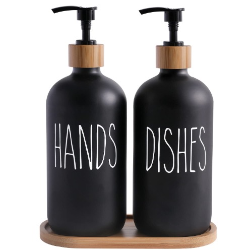 MOMEEMO Glass Soap Dispenser Set, Contains Glass Hand Soap Dispenser and Glass Dish Soap Dispenser. Matte Black Soap Dispenser Suitable for The Kitchen Soap Dispenser, Rustic Kitchen Decor. (Black)