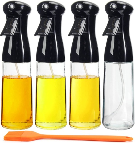 WERTIOO Olive Oil Sprayer for Cooking 4 Pack, 7.4oz/210ml Glass Olive Oil Spray Bottle Refillable Kitchen Accessories Oil Mister for Air Fryer, Salad, Baking, BBQ - Black