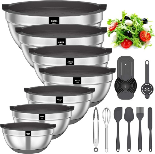 AIKKIL Mixing Bowls with Airtight Lids, 20 piece Stainless Steel Metal Nesting Bowls, Non-Slip Silicone Bottom, Size 7, 3.5, 2.5, 2.0,1.5, 1,0.67QT Great for Mixing, Baking, Serving (Grey) - Gray