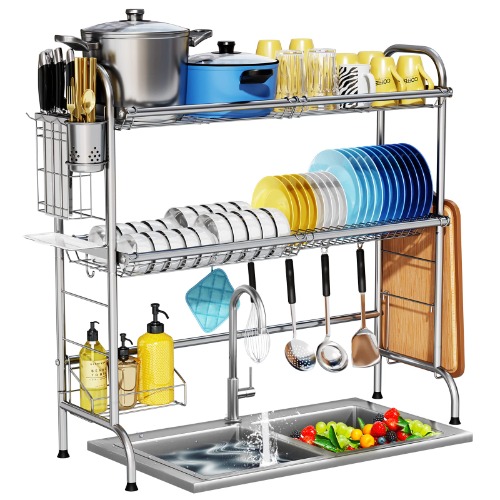 Over The Sink Dish Drying Rack, HOWDIA 2-Tier Stainless Steel Large Over The Sink Dish Rack with Utensil Holder Dish Drainers for Kitchen Counter - Silver