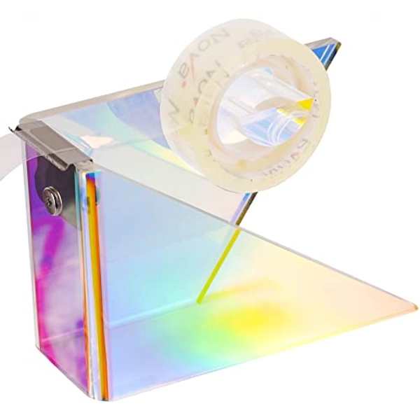 NiOffice Iridescent Acrylic Tape Dispenser with Sharp Stainless Steel Sawtooth for Standard 1 Inch Roll, Colorful Clear Aesthetic School Supplies Office Desktop Décor
