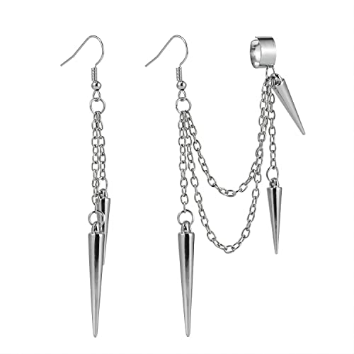 Retro Long And Short Rivet Earrings Ear Clips Fashion Goth Punk Tassel Earrings - silver1