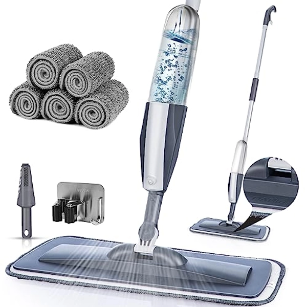 Mops for Floor Cleaning Wet Spray Mop with 6 Washable Microfiber Pads 1 Scraper 1 Mop Holder,Wood Floor Mop for Home or Commercial Dry Wet Use Flat Mop for Wall,Hardwood,Vinyl,Laminate,Ceramic,Tile