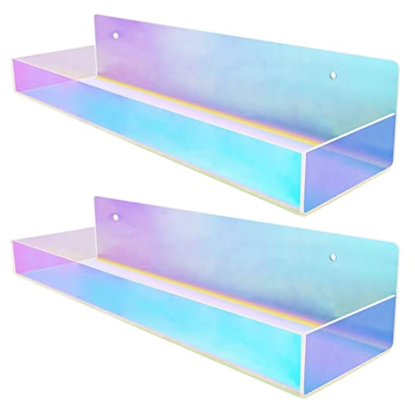 TLBTEK 2 Pcs 15 inch Iridescent Rainbow Floating Shelves,Colorful Acrylic Irridescent Floating Shelves Wall Mounted Storage for Bathroom, Bedroom, Living Room, Kitchen (Without Edge)