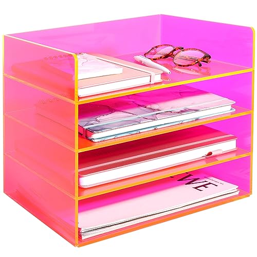 Gelite Acrylic File Organizer for Desk Stackable Letter Tray Office Paper Organizer Storage Desktop Document Organizer File Sorter Organizer, Set of 4, Neon Pink - Neon Pink
