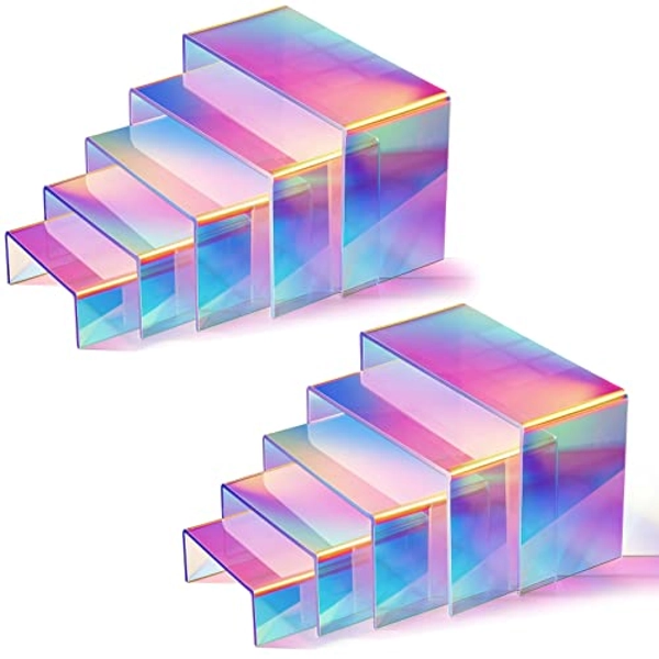 10 Pack Iridescent Display Risers Acrylic Collectibles Display Shelf Rainbow Display Stand Acrylic Shelf Organizer 5 Size Jewelry Product Stand Action Figure Display Rectangle Stands Shelf for Table