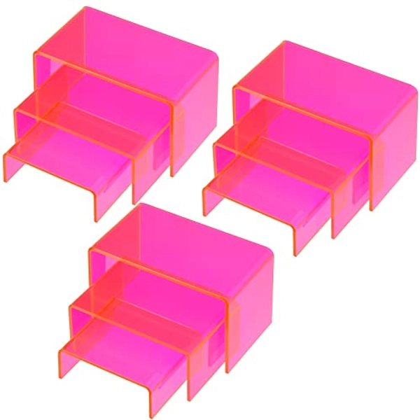 9 Pieces Neon Acrylic Display Risers Display Stand Shelf Acrylic Retail Desktop Jewelry Display Riser Showcase Fixtures for Dessert Cupcake Figure Collectibles Toy(Neon Pink)