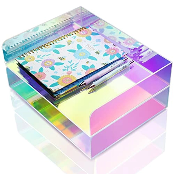 NiOffice Acrylic Letter Tray 2-Tier Iridescent Stackable Desk Paper Tray Organizer and Office Accessories Supplies, Rainbow Letter Size Desk Accessories Storage Organization (Portrait)