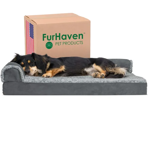 Furhaven Orthopedic, Cooling Gel, and Memory Foam Pet Beds for Small, Medium, and Large Dogs and Cats - Two-Tone L Chaise, Southwest Kilim Sofa, Faux Fur Velvet Sofa Dog Bed, and More - L Chaise Bed - Two-Tone Stone Gray Medium Orthopedic Foam
